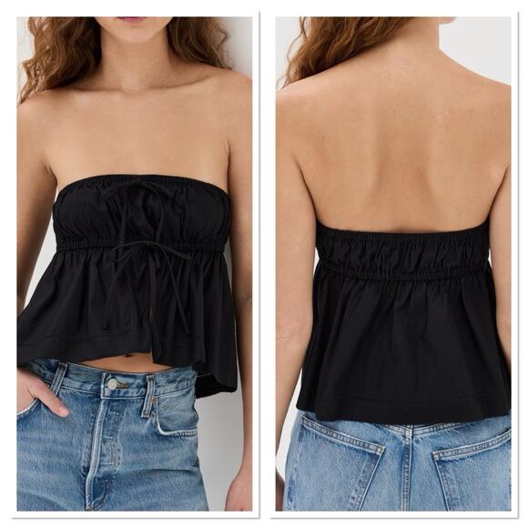 New Reformation Rowen Tube Top Black Cropped Split Hem Bow Blouse Size‎ M - Picture 2 of 8